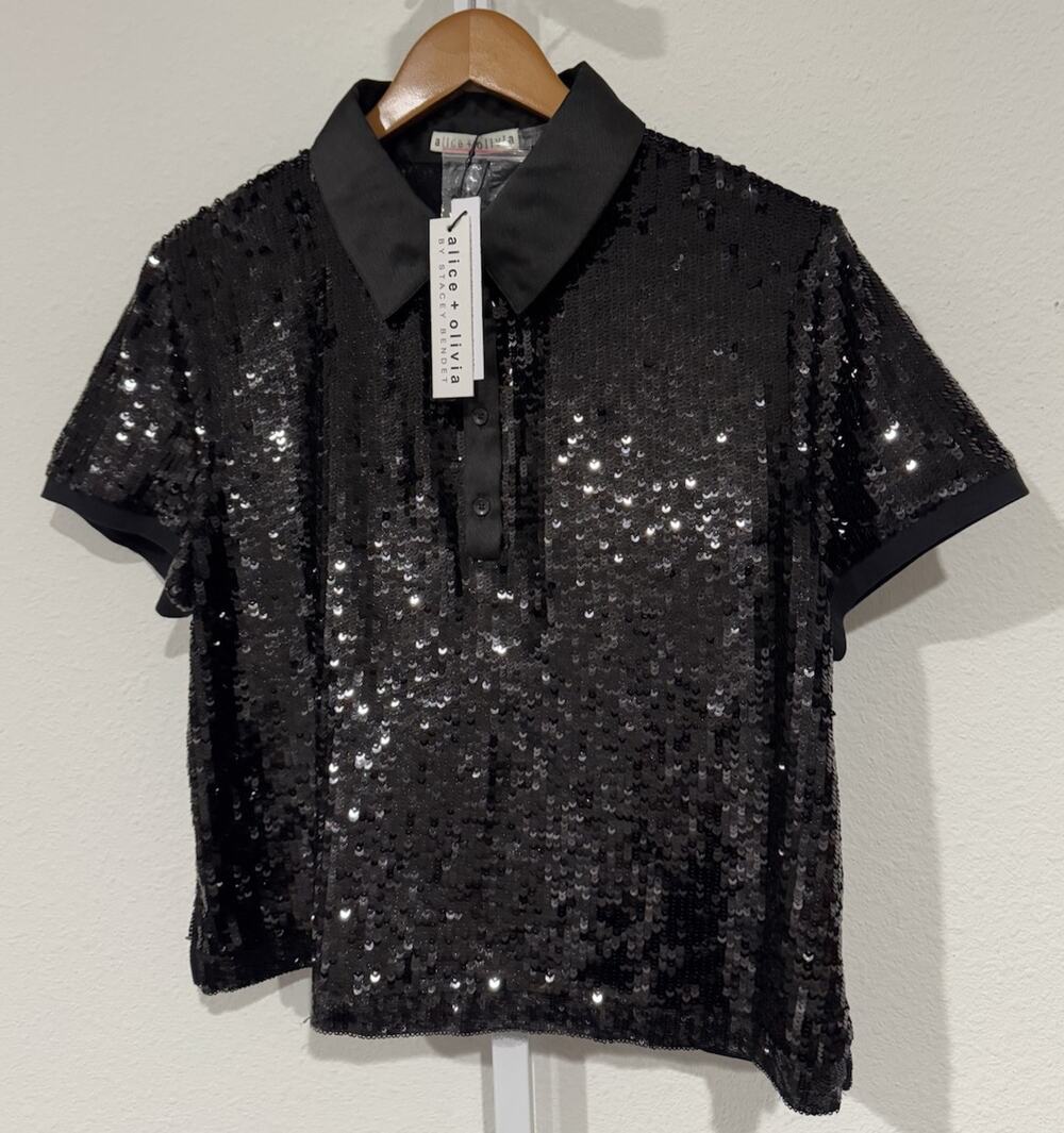 Alice + Oliva Women's Sequined Fitted Polo Shirt blouse black sz L NWT $395